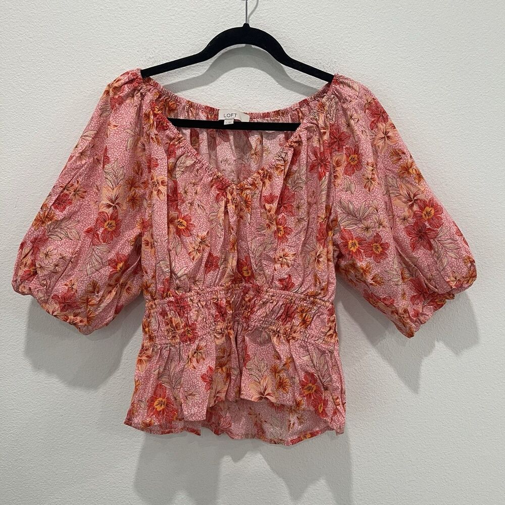 LOFT Pink Tropical Floral Puff-Sleeve V-Neck Peplum Top Women's Large